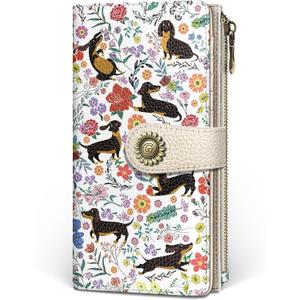 GIANCOMICS Dachshunds Dog Womens Wallet RFID Blocking, Puppy Flower Credit Card Holder Bifold, PU Leather Travel Billfold, Long Cute Cash Purse, Zipper Coin Pocket Clutch, Card Slot, Ladies Gift Woman