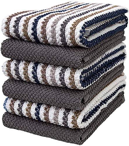 Premium Kitchen Towels (16”x 26”, 6 Pack) | Large Cotton Kitchen Hand Towels | Popcorn Striped Design | Dish Towels | 430 GSM Highly Absorbent Tea Towels Set with Hanging Loop | Gray