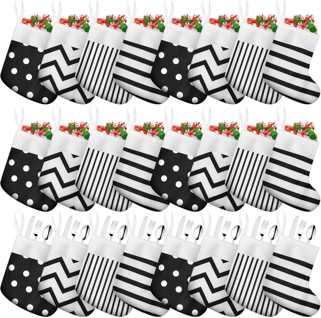 Realspring 24 Pcs Mini Christmas Stockings 6 Inches Black and Whit Small Stockings Christmas Dot Fireplace Hanging Decorations for Xmas Tree Fireplace Gift Present Filled