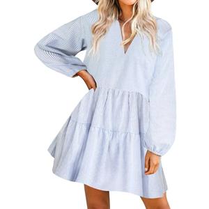 FANCYINN Cute Shift Tunic Dress for Women Ruffle Swing Babydoll Mini Long Sleevee Dress with Pockets S