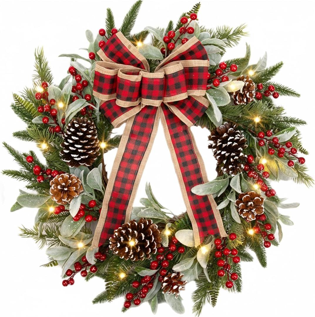 24 Inch Christmas Wreath for Front Door with Lights Flocked Lambs Leaves Winter Wreath Bow Pine Needles Pinecones for Indoor Outdoor Xmas Wall Window Holiday Decor