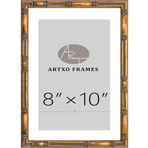 ArtXO 8"x10" Picture Frame Wooden, Display Pictures5 x7 with Mat or 8"x10" Without Mat,Gold Bamboo Poster Frames,Hanging Photo Frame Wall (Gold03(wide:17.5mm)