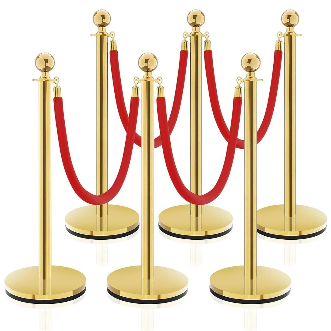 6PCS Stanchion Post, Crowd Control Barriers, 5 ft Red Velvet Rope Red Carpet Ropes and Poles, Stainless Steel Gold Stanchions Used for Theaters, Parties, Wedding, Exhibition