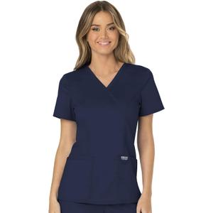 Cherokee Scrubs Top for Women Mock Wrap with 3 Pockets, Soft, 2-Way Stretch & Durable Fabric - WW610 (X-Small, Navy)
