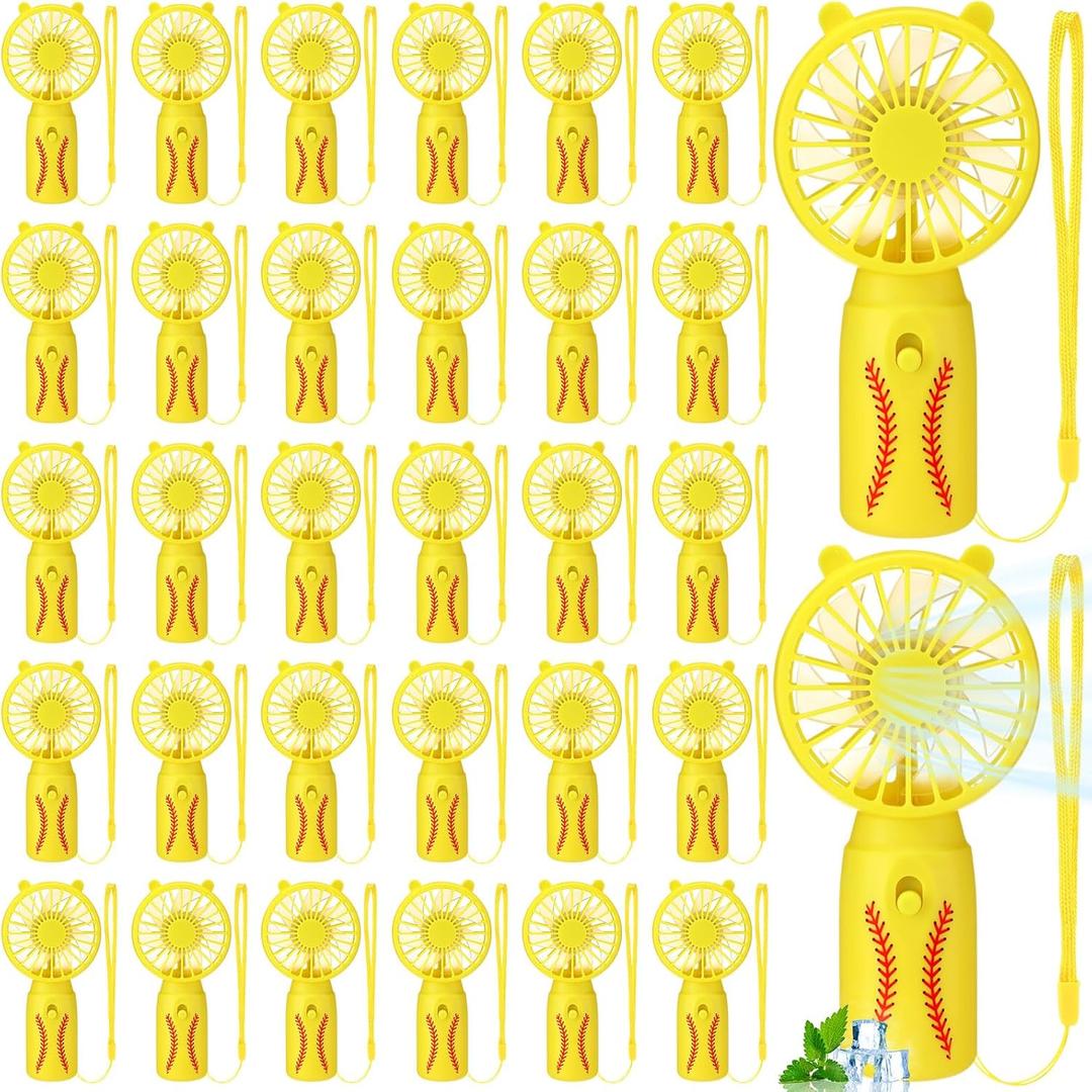 28 Pcs Mini Portable Fan Handheld Battery Operated Portable Small Personal Fans with Lanyard Team Favors for Summer Travel Beach Indoor Outdoor Cooling Gift (Yellow Softball)