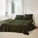 JIYUAN Queen Size Sheet Set, 4-Piece - 100% Washed Cotton, Linen-Like Soft & Breathable, Includes Deep Pocket Fitted & Flat Sheet with 2 Pillowcases, Hotel Quality, Solid Olive Green