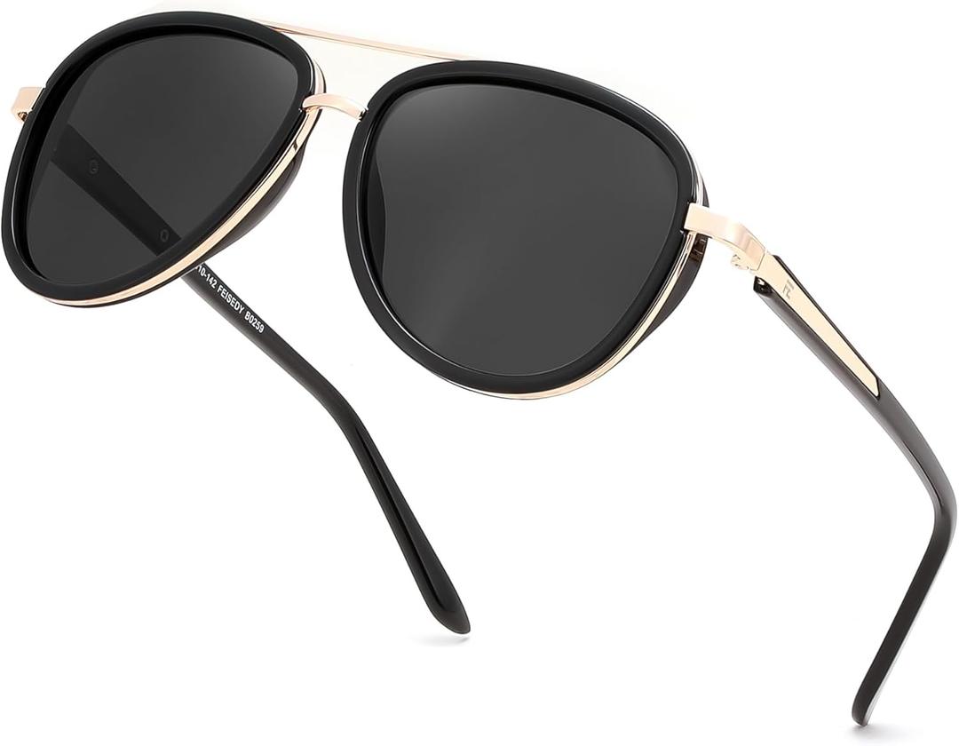FEISEDY Retro Polarized Aviator Sunglasses for Women Men Vintage Square Sunglass With Classic Style B0259 (Black/Black)