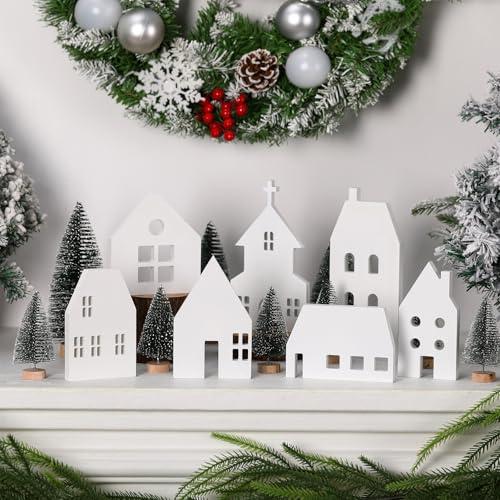 Amyhill 16 Pcs White Christmas Village Set with Cedar Pine Decor Wooden House Blocks Christmas Town Village Decor for Tiered Tray Decoration Fireplace Mantel Holiday Window Table Centerpieces