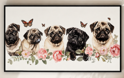 Spring Pug Dog Canvas Art Wall Decor for Living Room, Big Large Window Potted Plant Puppy, 5Ft  X 30Inc, With Dents
