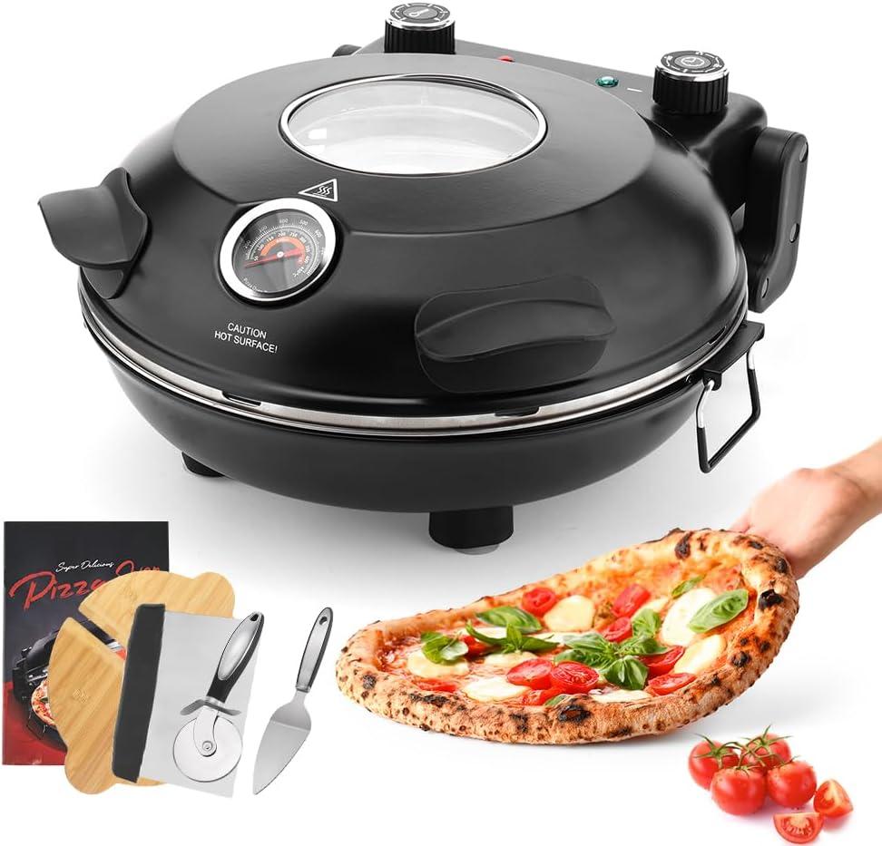 Electric-Pizza-Oven-Indoor, 12 Inches Countertop Cooker,800 Electric Pizza Maker with Timer, Ceramic Stone, Viewing Window, Complete Accessory Kit, Black, XL