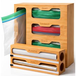 Bamboo Food Storage Bag Organizer for Drawer with Foil & Plastic Wrap Dispenser – 4 in 1 Premium Kitchen Drawer Organizer for Gallon, Quart & Sandwich Bags