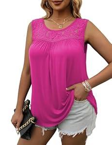 Ahlaray Women's Crewneck Lace Sleeveless Summer Casual Loose Tank Tops Basic Shirts, Rose, Large