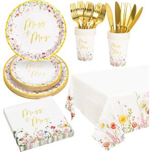 Crisky Bridal Shower Plates and Napkins Gold Miss to Mrs Floral Disposable Paper Tableware Set of 24 for Wedding Bridal Shower Decorations (9" & 7" Plates, Napkin, Cups, Tablecloth, Knife & Fork)