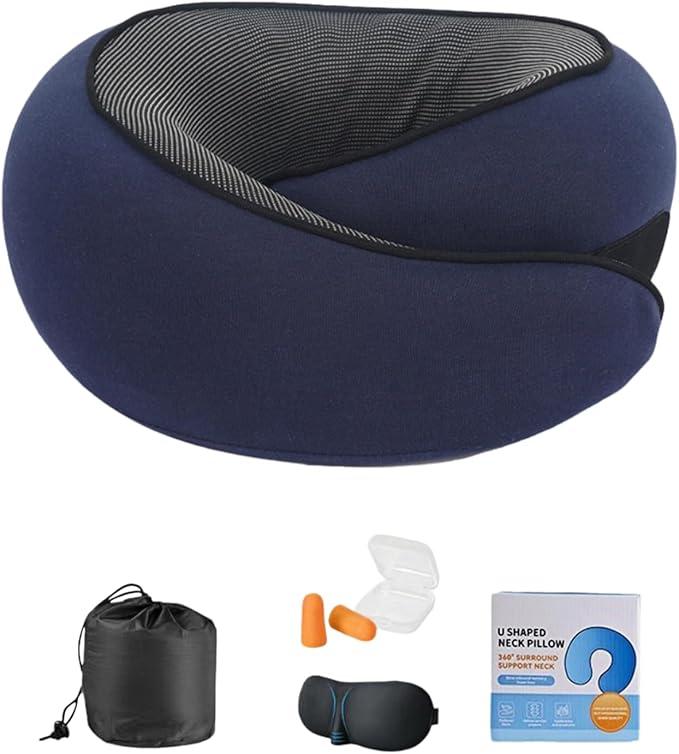 Travel Pillows for Airplanes,2025 New Neck Travel Pillow – Memory Foam Neck Pillow with 360° Support,Compact & Ergonomic for Airplane,Car,Office & Home,Stowable Travel Pillow for Adults (Dark blue)