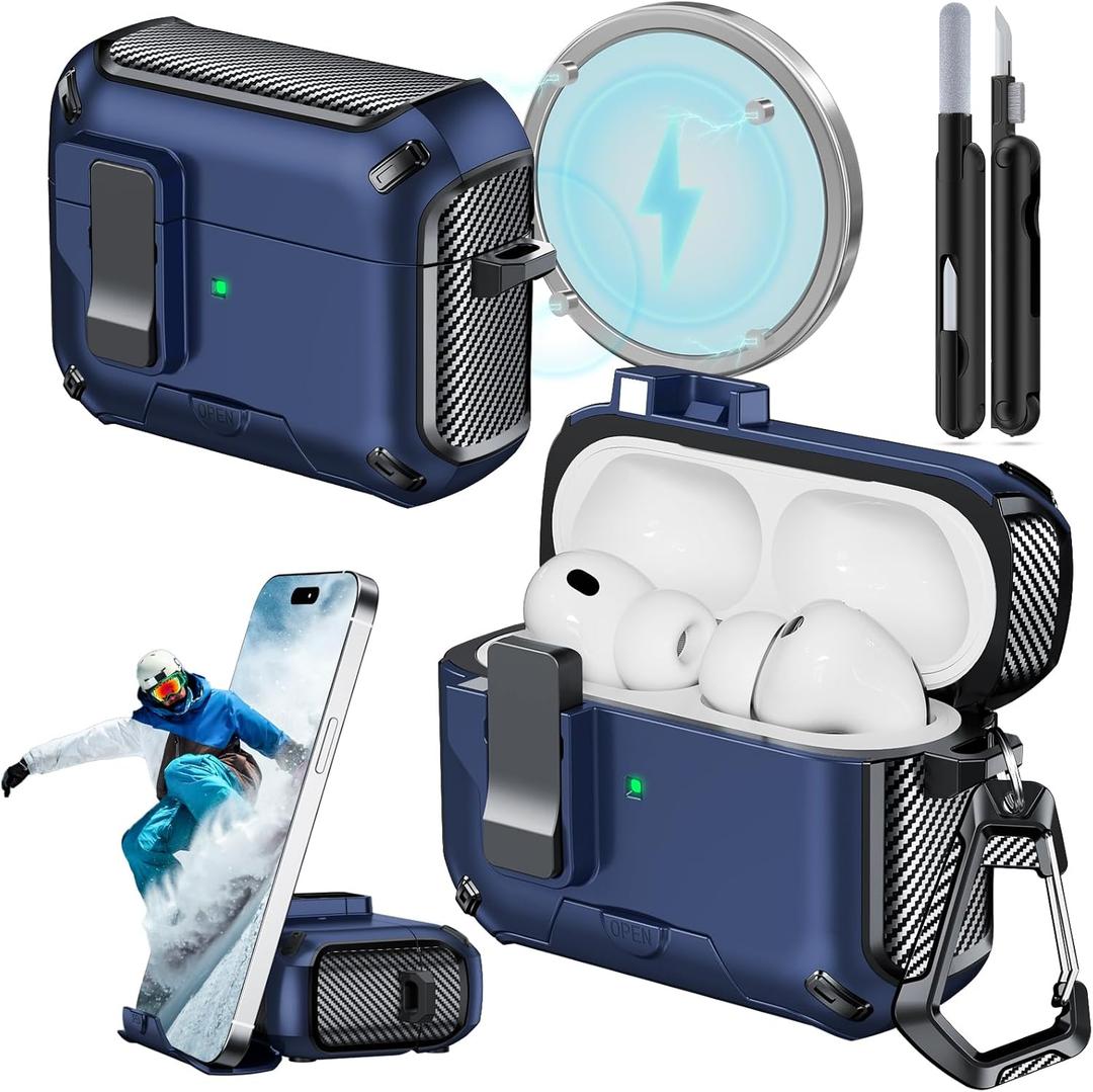 for AirPods Pro 3 Case (2025) with Phone Stand,with Automatic Snap Switch Carbon Fiber Design Protection Cover for Airpods Pro 3 Gen with Cleaning Pen,Blue