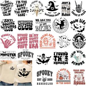 50 Pcs Spooky Ghost Heat Transfer Printing Stickers for Bags T-Shirts Skeleton Women Iron on Patches Momster Iron on Decals for Clothes DIY Crafts DTF Transfers Ready to Press