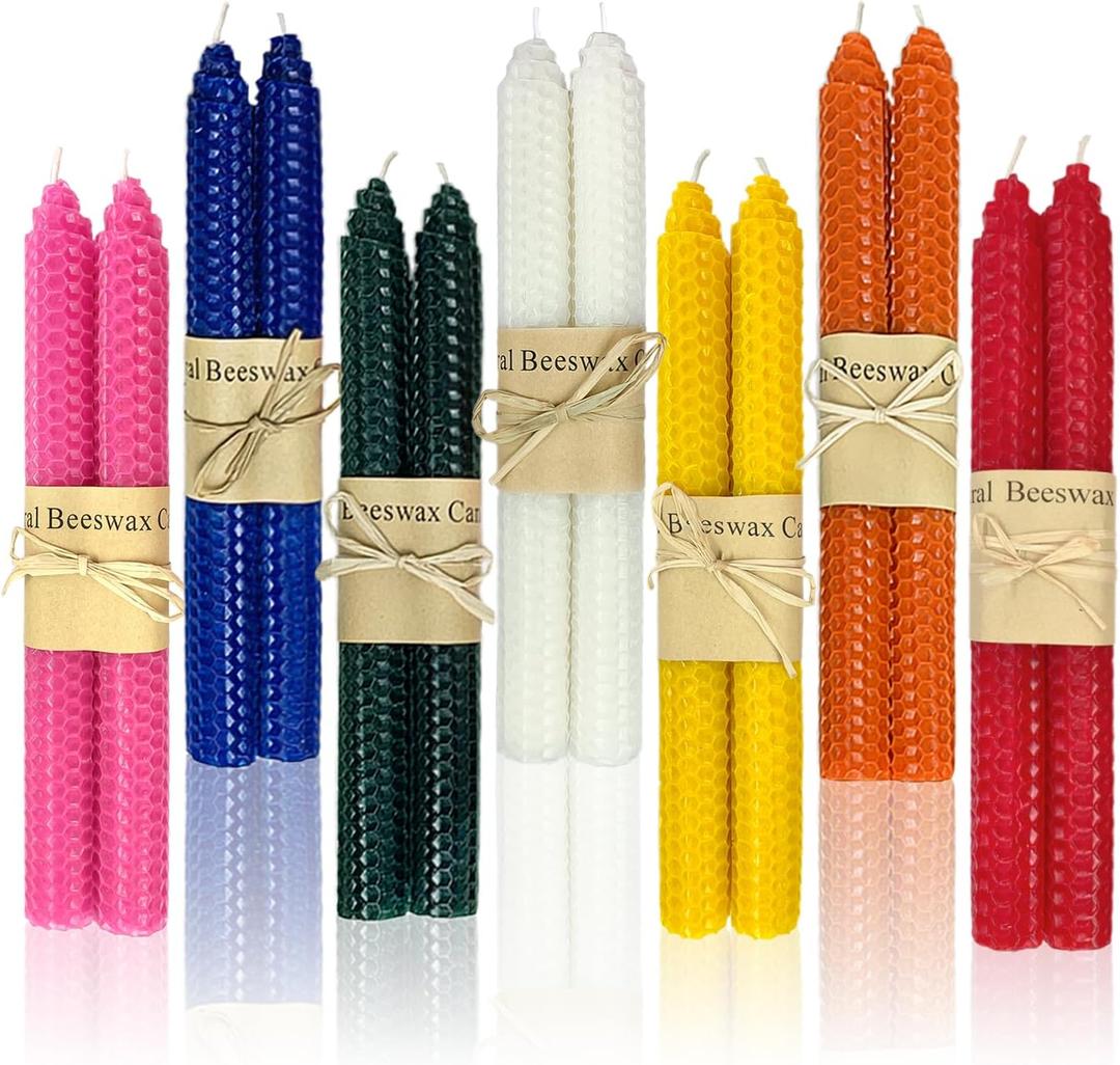 14 Pack Beeswax Taper Candles, Handmade Bees Wax Candle for Home, Dripless & Unscented Candle Sticks, 9" Tall, Rainbow Colored Candles by Kissingfish (7 Colors)