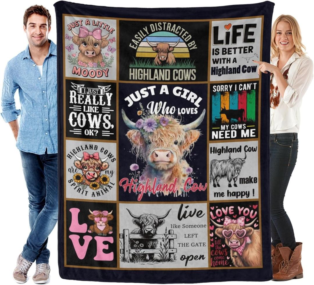 Highland Cow Print Blanket and Throws, Cute Farm Animal Cow Gifts for Highland Cow Lovers, Soft Fuzzy Flannel Blankets for Women Men for Home Couch Sofa Travel 50"X60"