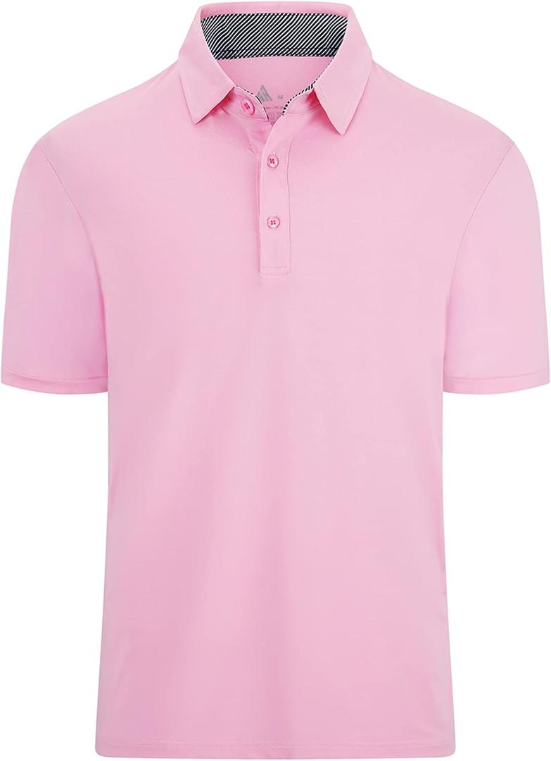 Men's Polo Shirts Short Sleeve Moisture Wicking Performance Golf Shirts Collared Lightweight Casual T-Shirt Athletic (Pink, L)