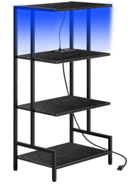 4-Tier AV Media Stand with Power Outlet and LED Lights, Wooden Stereo Stand Cabinet, Game Console Shelf for Small Space, Audio Rack Stand Tower Ideal for Video DVD Players, Xbox