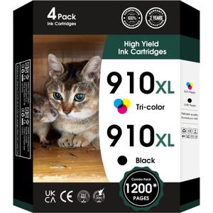 910 XL Ink Compatible with HP 910XL Ink Cartridges Combo Pack, 910XL Ink Cartridges for OfficeJet Pro 8010 8020 Series, Pro 8020, 8030 Series Printer 3JB41AN 4-Pack (BK/C/M/Y, 4 Pack)