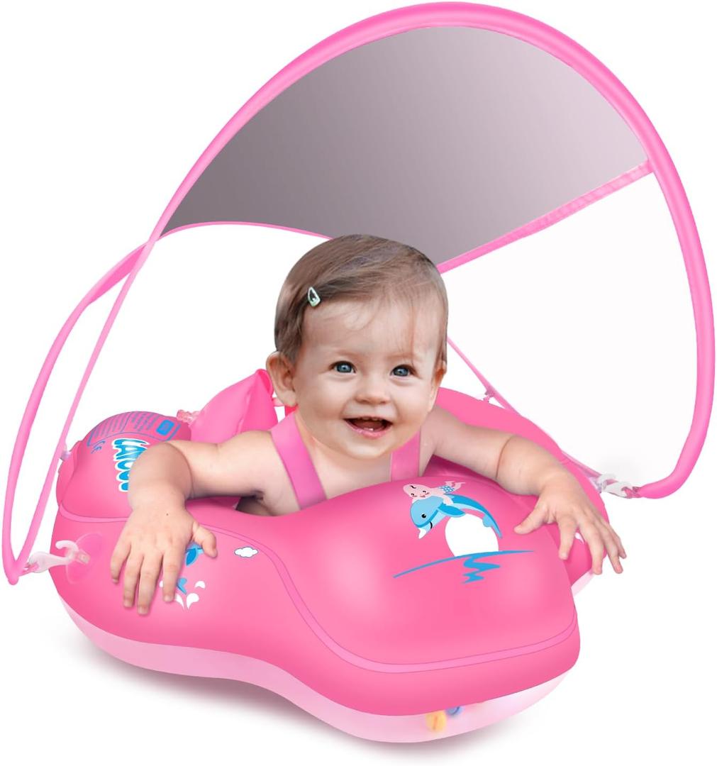 LAYCOL Baby Swimming Float Inflatable Baby Pool Float Ring with Sun Protection Canopy,add Tail no flip Over for Age of 3-36 Months (Large, PINK)