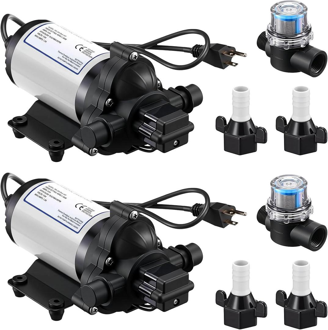 Dreyoo 2 Pack Water Pressure Booster Pump 115V 4 GPM 45 PSI, Industrial Self Priming Water Diaphragm Pump with Power Plug, Fittings Strainer Filter for RV/Caravan/Marine/Garden Irrigating