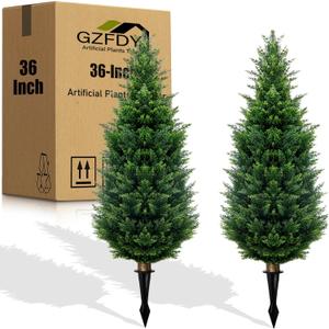 3Ft Artificial Cedar Topiary Trees (2-Pack) - UV Resistant Fake Shrubs with Ground Spike for Outdoor & Indoor Use, Front Porch, Garden Decor