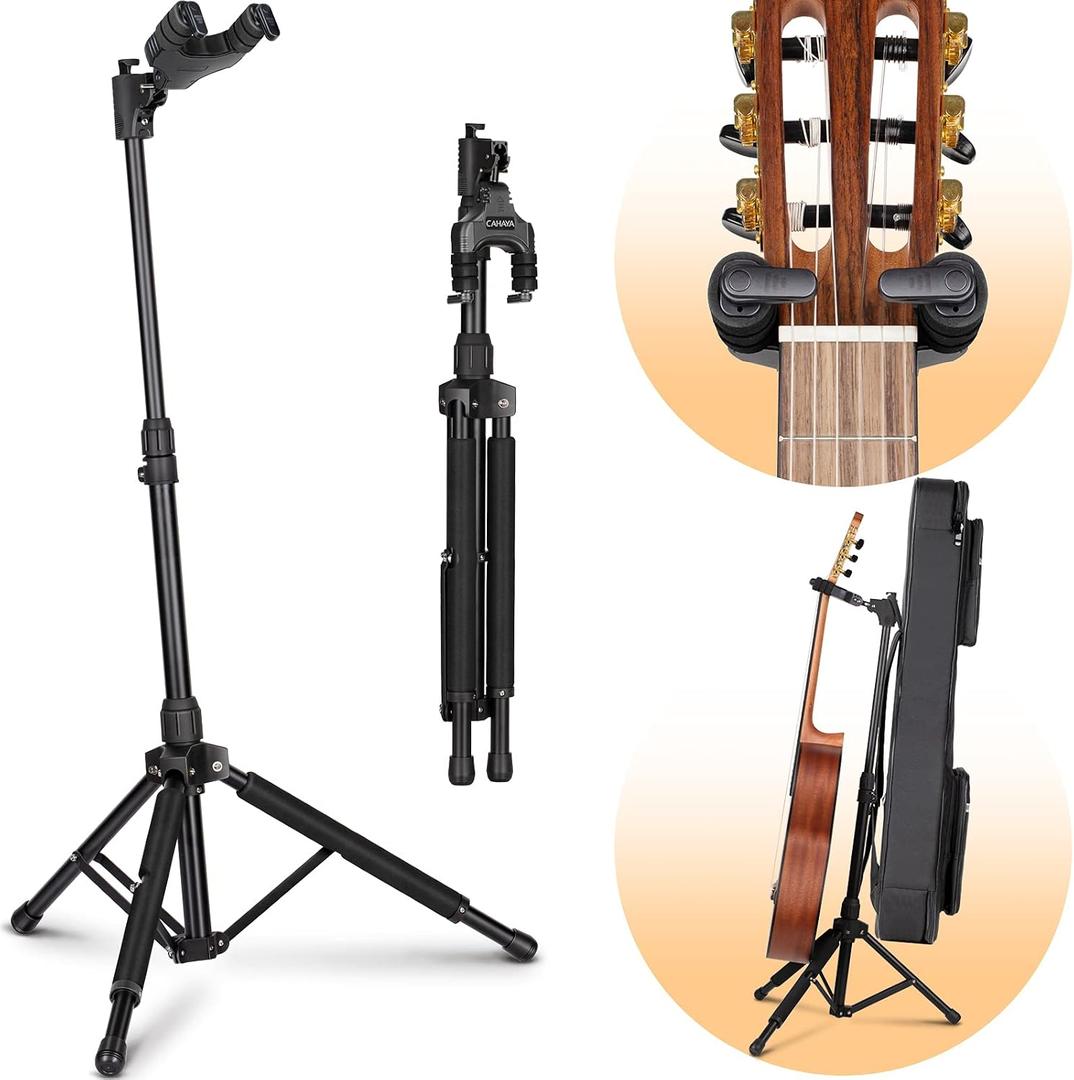 CAHAYA Gravity Lock Guitar Stand Folding Tripod Floor Stand with Neck Holder Height Adjustable Universal Guitar Stand for Acoustic Electric Classical Bass Guitar