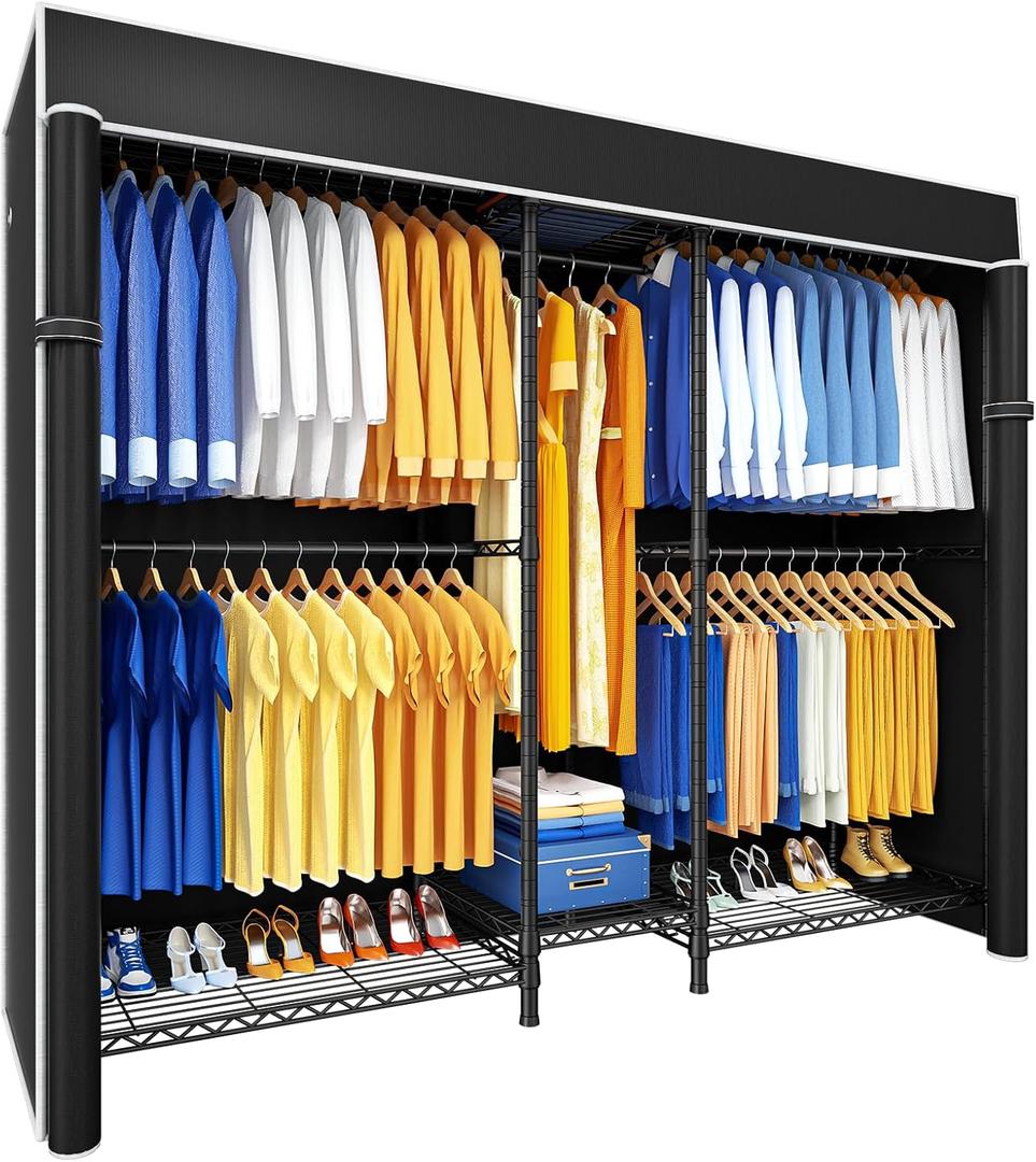 Ulif E12C Heavy Duty Closet Organizer SystemFreestanding Clothing Rack, Adjustable Garment Rack 71" W x 16" D x 76.5" H Holds 960 lbs, Black Rack with Black Dustproof Cover