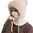 Women's 3-in-1 Beanie Hat with Scarf & Mask, Fleece-Lined Winter Ear Muff Beanie for Cold Weather (Off-white)