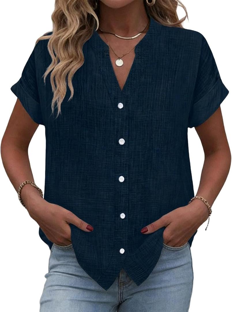 Button Down Shirts for Women Short Sleeve Cotton V Neck Tops Dressy Casual Loose Fit Office Work Blouses (Blue)
