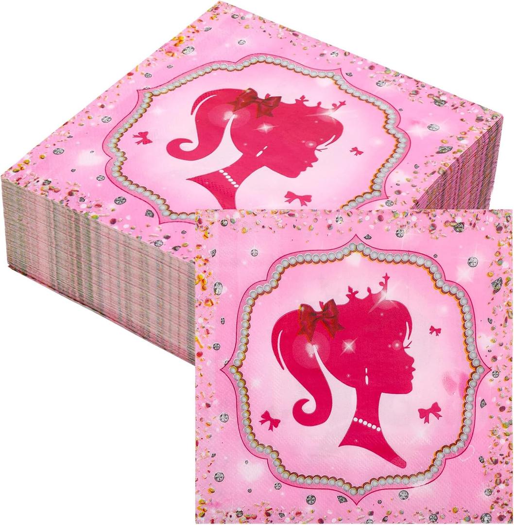 50Pcs Pink Girl Napkins, 6.5 x 6.5 Inches Princess Party Napkins, Princess Birthday Decorations Princess Napkins, for Pink Girl Baby Shower Party Supplies (50)