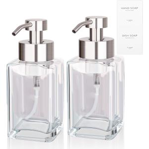 Foaming Soap Dispenser with Stainless Steel Pump, 12oz Refillable Glass Liquid Dish Soap Bottles for Bathroom, Kitchen Sink, Home Decor, 2 Pack