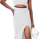 PRETTYGARDEN Women's Summer Midi Bodycon Dresses Casual Crew Neck Side Slit Sleeveless Knit Cut Out Tank Top Dress (White, L)