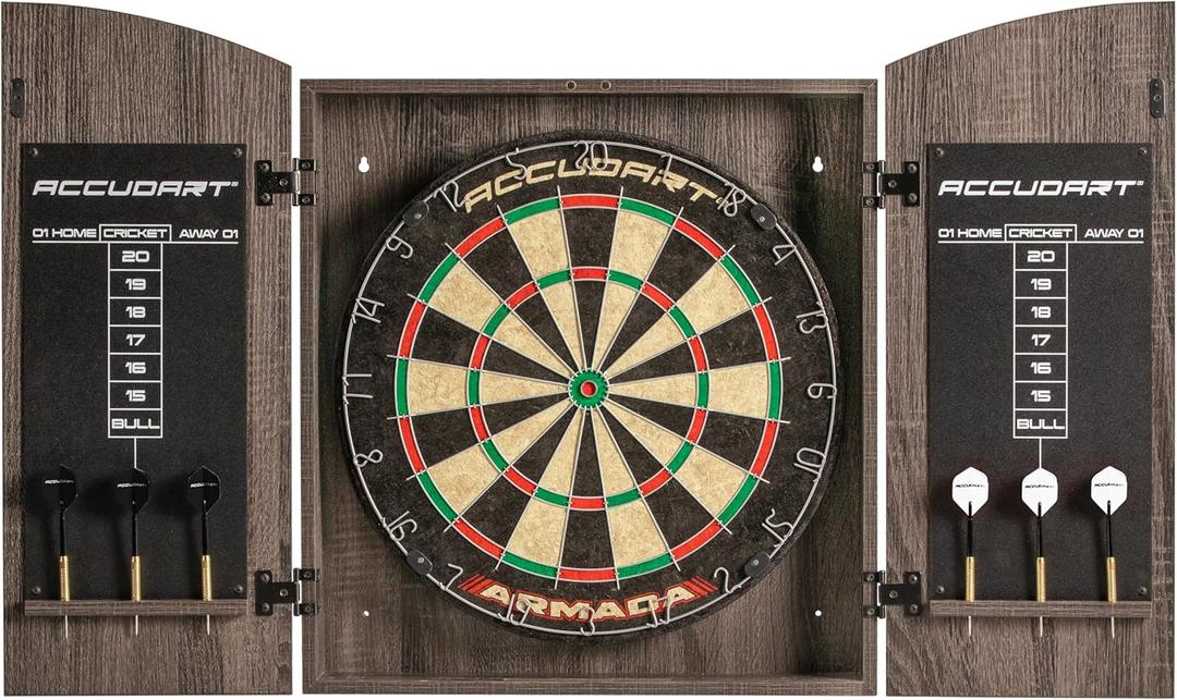 Accudart Armada Bristle Dartboard Cabinet Set - Official Size 18" x 1.5" - Self Healing Genuine Sisal - Wall Mount Cabinet Set - Round Spider Wires Reduce Bounce Outs - Rotatable Metal Number Ring