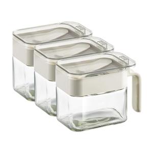 DAHUITX Condiment Jar Spice Container, Sugar and salt container set，Glass Seasoning Box with Spoon Dustproof Lid and Handle,for Kitchen, Counter,Food Storage,10oz Set of 3(grey)