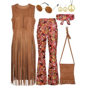 SOMSOC 7 Pieces 70s Women Hippie Costume Fringe Vest Bag Pant Headband for Halloween (Large, Brown)