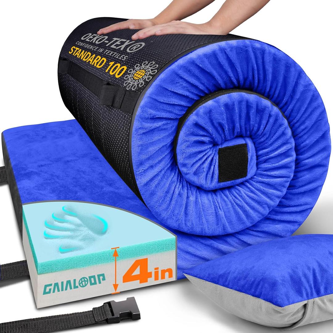 Extra Thick GAIALOOP 4 INCH Memory Foam Camping Mattress, Roll Up Floor Sleeping Mat Camp Cot Mattress Pad Travel Camping Couch Bed for Guest Adults Side Sleepers