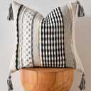 AmHoo Chenille Striped Textured Boho Throw Pillow Covers Aesthetic with Tassels Woven Decorative Pillow Case for Couch Bed Sofa Bedroom Modern Funky 18 x 18-Inch Black