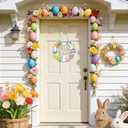 3 x Easter Eggs Wreaths Sign for Front Door, Colorful Eggs Hollow Hanging Solid Wood Happy Easter Sign Decorations for Home Shop Garden