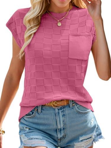Womens Summer Trendy Shirts Tops 2025 Cap Short Sleeve Sweater Vest Crewneck Checkered Pocket Lightweight Tee Outfits, Size: Small