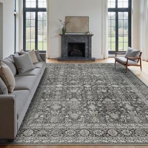 PureCozy Vintage Area Rug 9x12 Black Washable Living Room Large Carpet Non Slip Bedroom Indoor Office Low Pile Traditional Distressed Retro Accent Rug for Dining Room