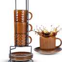 GBhome 6OZ Stackable Coffee Mugs with Stand and Saucer, Ceramic Coffee Mugs Set of 4 with Texture Patterns for Man,Woman,Dad,Mom, Modern Coffee Cups for Latte/Espresso. Dishwasher&Microwave Safe (Caramel)