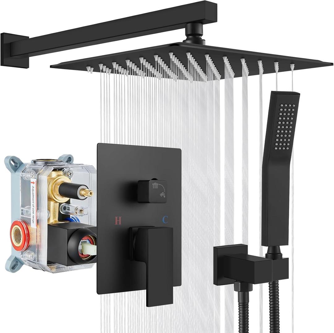 gotonovo Rainfall Bathroom Shower System Rain Shower Head and Handle Set Wall Mounted Shower Complete Combo Solid Brass Pressure Balancing Shower Mixer Valve 12 Inch Matte Black