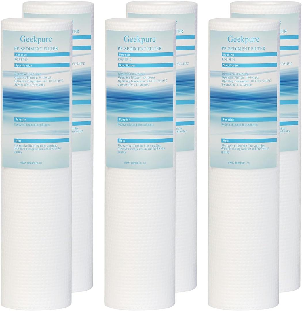 Geekpure 10 Inch PP Sediment Replacement Cartridge for for Whole House Water Filtration or RO System- 2.5" x 10"-5 Micron -Pack of 6
