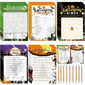 Pasimy 149 Pcs Halloween Party Games with Pencil 25 Players Halloween Word Search Scramble Trivia Quiz Game Bingo Card for Adults Groups Fall Family Activities Party Favors Supplies