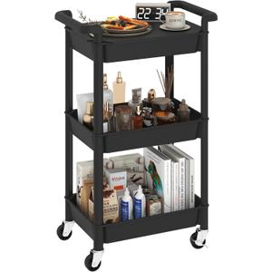 3-Tier Utility Rolling Cart with Cover Top Board, Mobile Utility Cart with Lockable Casters Multi-Functional Storage Trolley for Office, Bathroom, Kitchen, Garden, Laundry Room (Black)