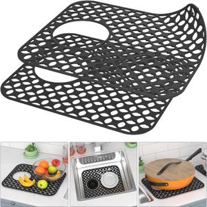 TOOVEM Kitchen Sink Mats, 2PCS Non-Slip Heat Resistant Silicone Sink Protector Mat, Folding Farmhouse Rear Drain Sink Mats (Type2: Side Drain, Black)