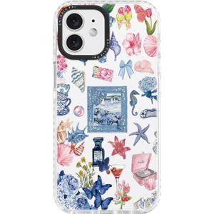 for iPhone 12 mini Case, Vintage Coastal Collage Pattern with Shells & Teacups, Military-Grade Drop Protection, Glossy Elegant Soft Slim TPU Protective & Camera Protection for Women Girls (SunflowerCut)
